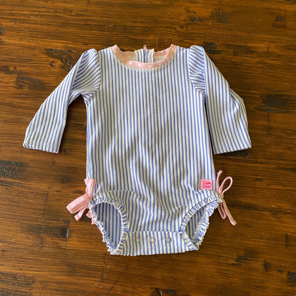 RuffleButts Blue Seersucker Striped Long Sleeve Rash Guard Swimsuit 6-12m